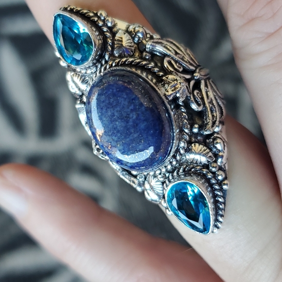 New Lapis Lazuli & Blue Topaz 925 Silver Butterflies Statement Ring. - Picture 3 of 14
